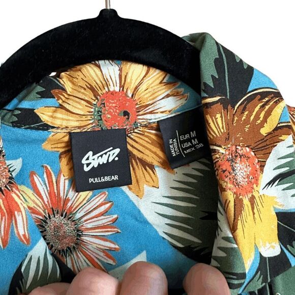 Pull&Bear STWD Mens Multicolor Floral Short Sleeve Viscose Button Up Shirt Mediu - Picture 6 of 7